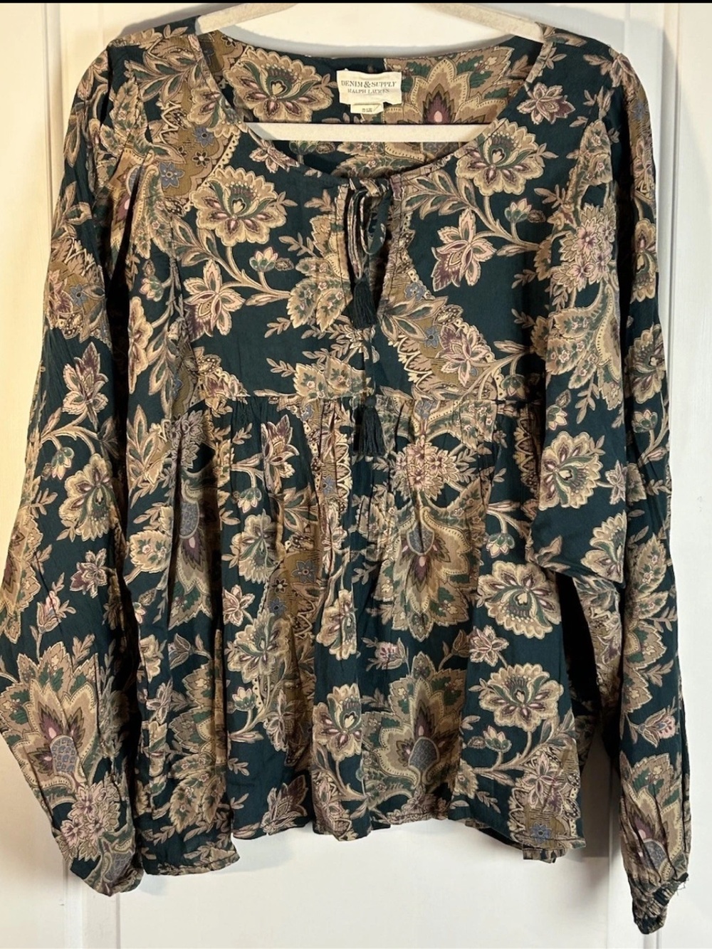 Denim & Supply Ralph Lauren Dark Green Floral Paisley Peasant Top